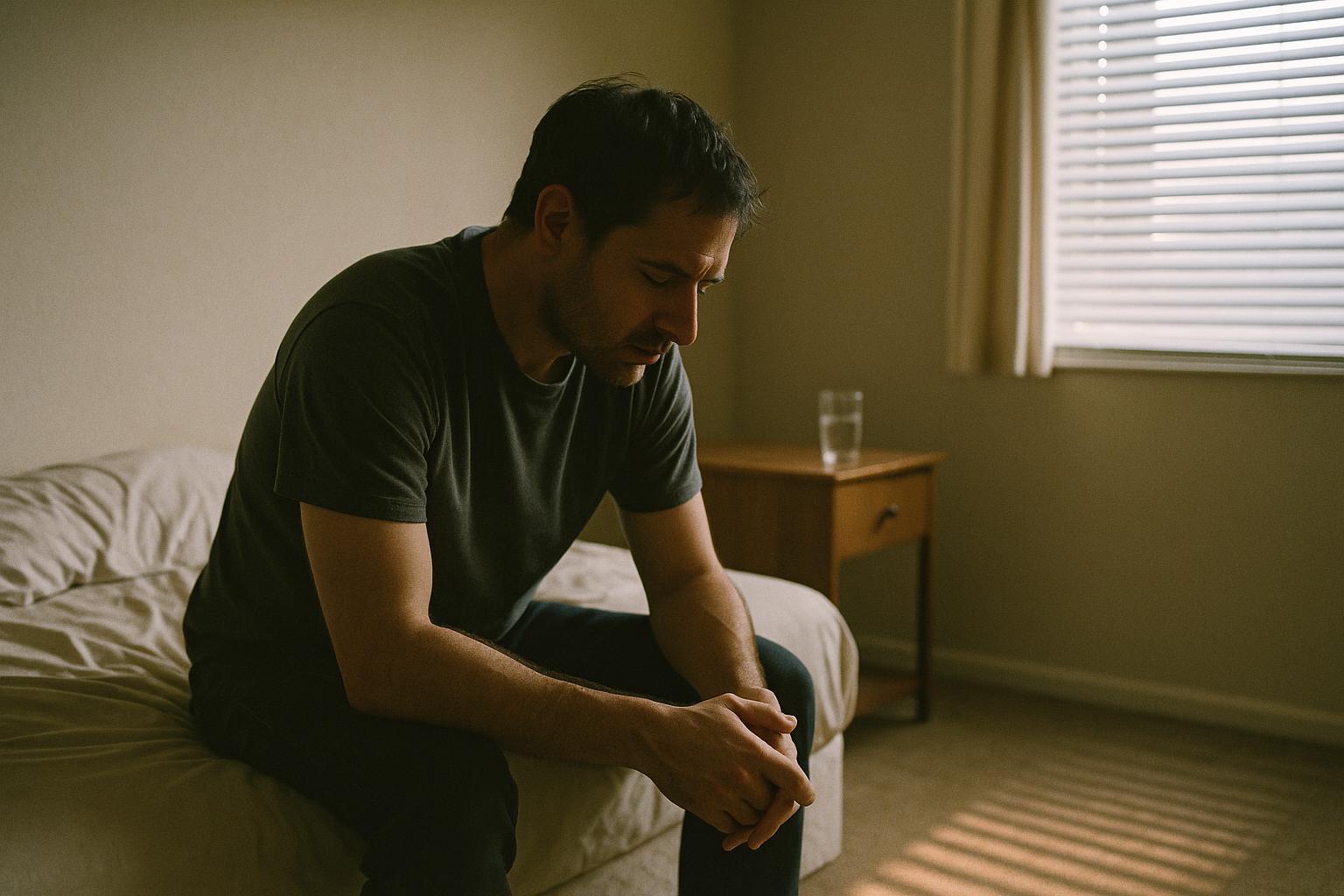 A man sitting on the edge of a bed in early morning light, head down and exhausted, representing the withdrawal crash during cocaine detox