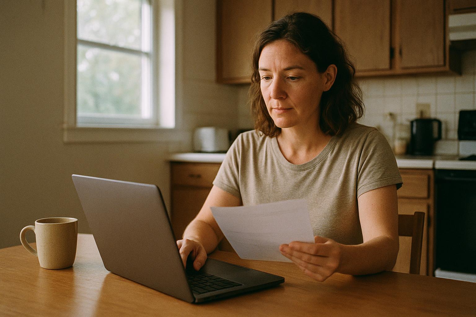 A woman sitting at her kitchen table with a laptop and paperwork, calmly researching detox costs and insurance options