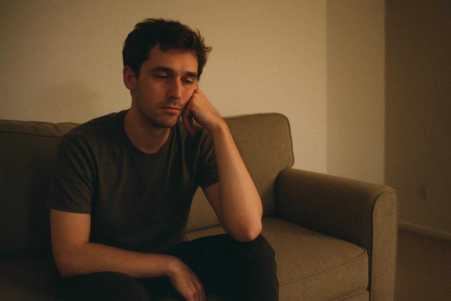 A young man sitting alone on a couch, resting his head on his hand, thoughtful and tired, representing the overlap of mental health and substance use