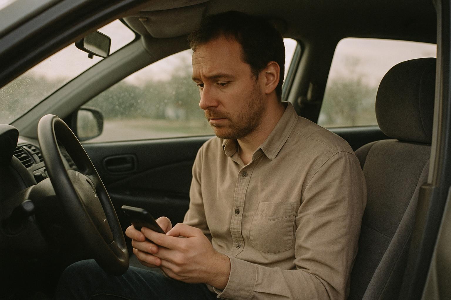 A man in business casual attire sitting in his car looking at his phone with a concerned expression, representing workplace worry about going to rehab