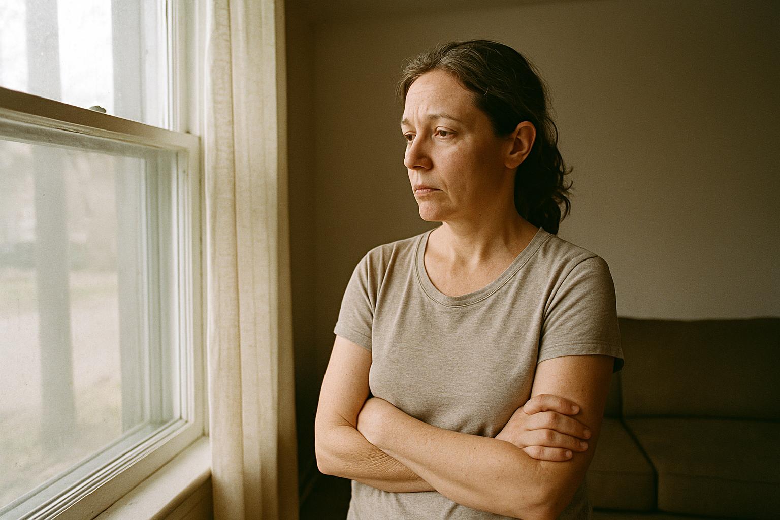 A woman standing near a window with arms crossed, looking outside with a worried expression, representing a family member supporting a loved one who will not get help