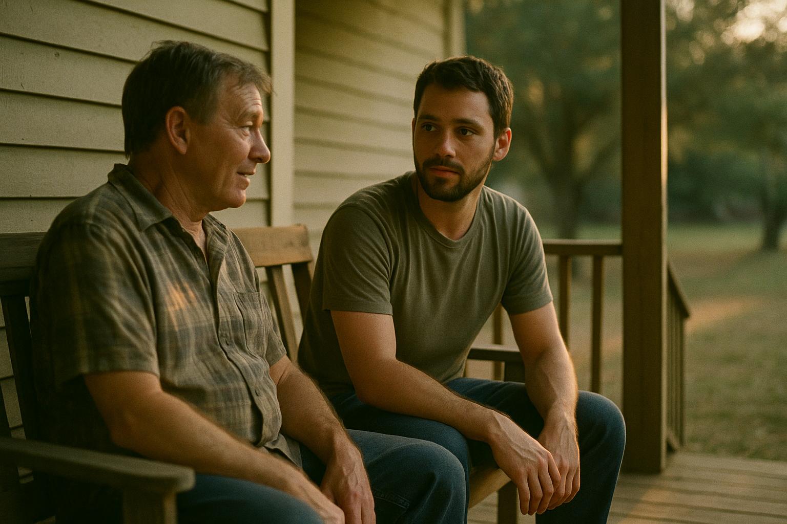 An older man and a younger man sitting together on a porch in warm evening light, mid-conversation, representing ongoing support during recovery aftercare